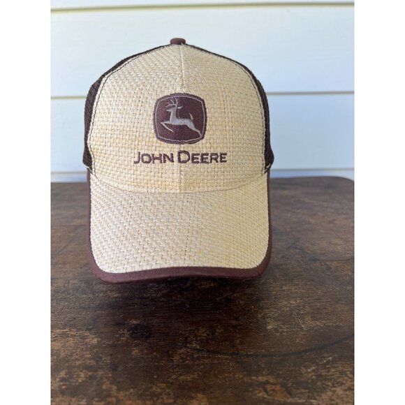 John Deere Beige & Brown Trucker Hat With Mesh Back & Adjustable Snapback W3 - Picture 1 of 7